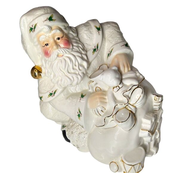 Holly Holiday Santa Claus Cookie Jar Large Ceramic Bag of Toys Holly Trim - Picture 12 of 13